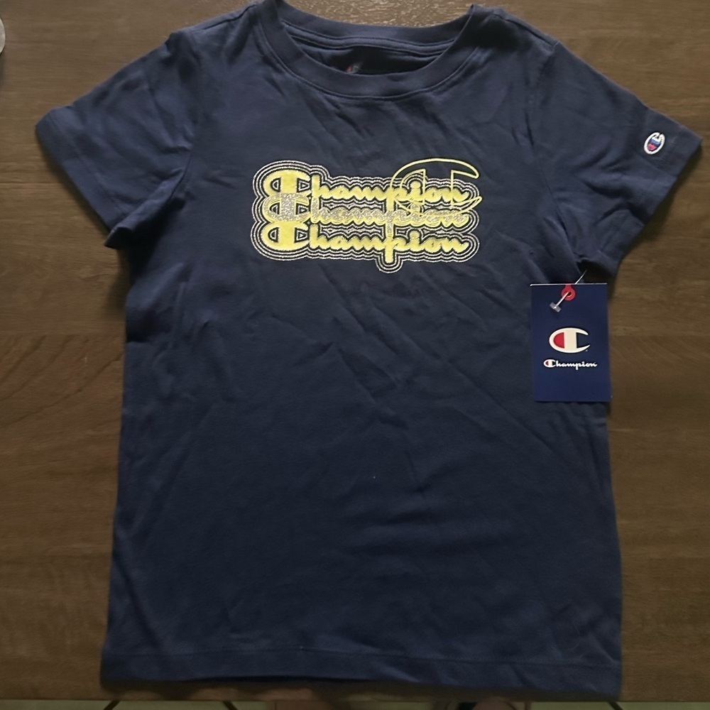 NWT Champion Crewneck T-Shirt Big Girls Tee Triple Script Logo navy